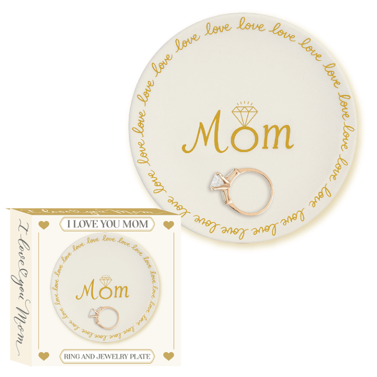 Elegant round jewelry plate featuring “Mom” and a gold diamond design, accented with “love.” Includes ring and gift packaging.