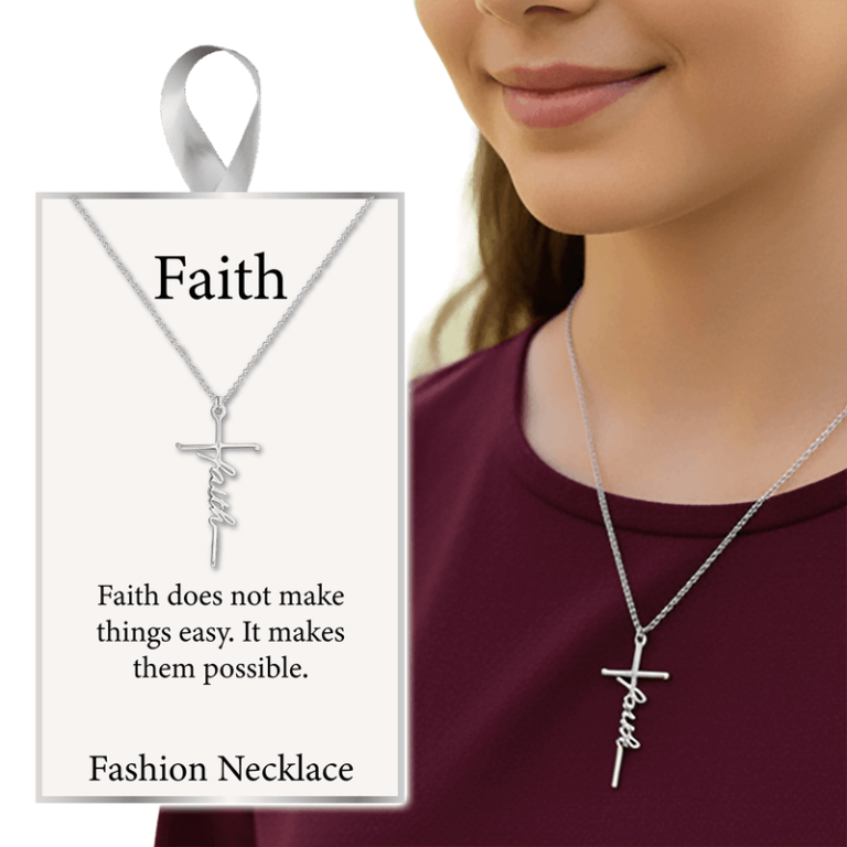 Elegant silver necklace with "faith" cross pendant, includes card: "Faith does not make things easy. It makes them possible.