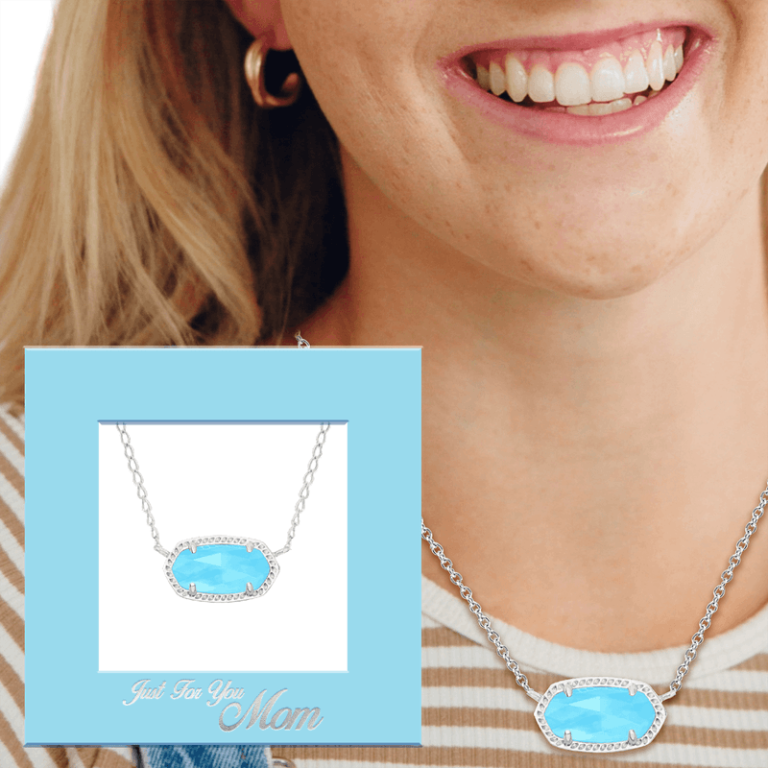 A woman models a silver necklace with an oval blue gem; also shown in a “Just For You Mom” gift box, perfect for fundraiser gifts.