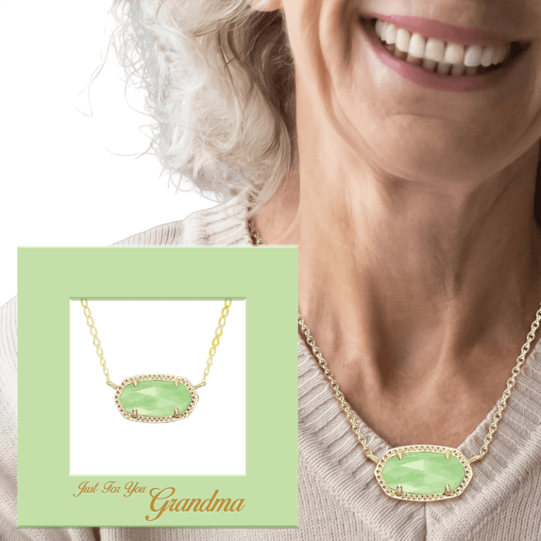 Cherished gift: Older woman smiles, modeling gold chain with green oval pendant. Inset displays gift box marked "Just For You Grandma.