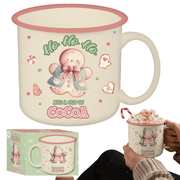 Festive cream mug with gingerbread, candy canes, "Ho Ho Ho" text, cocoa and marshmallows; shown with fundraiser gift packaging.