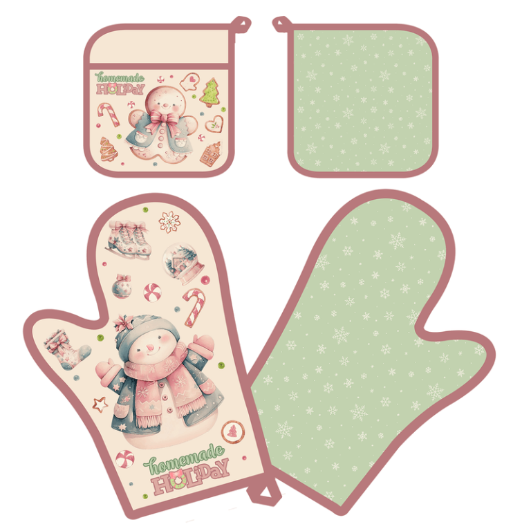 Cheerful kitchen textiles set with 2 oven mitts & 2 pot holders, festive snowman & "Homemade Holiday" design, perfect for fundraising!.