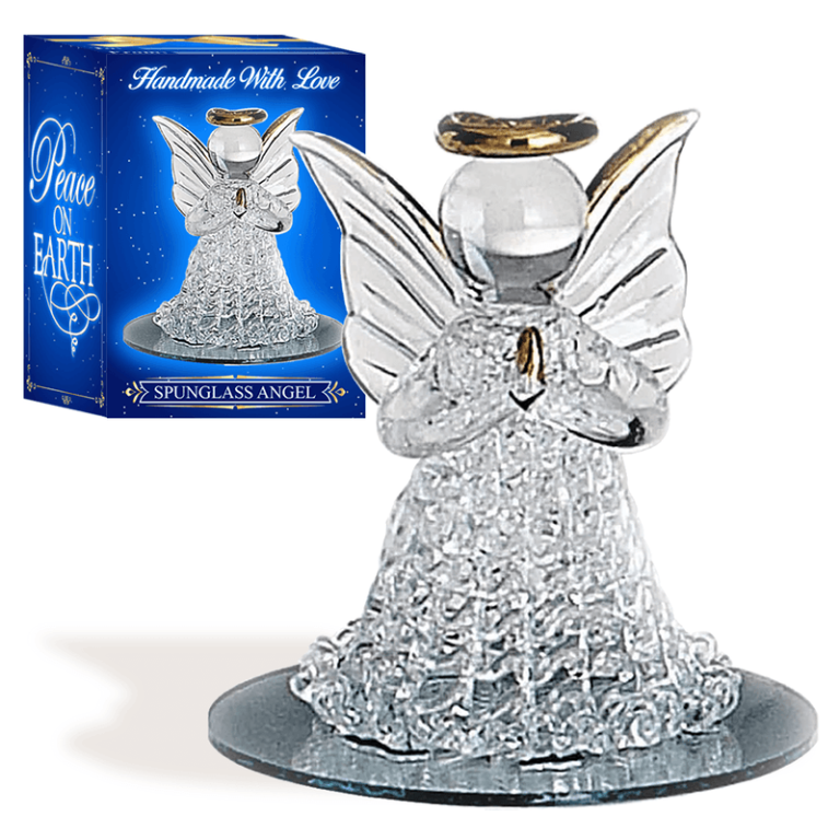Elegant glass angel with shimmering gold details on mirrored base; gift box says "Peace on Earth"—perfect for holiday fundraising.