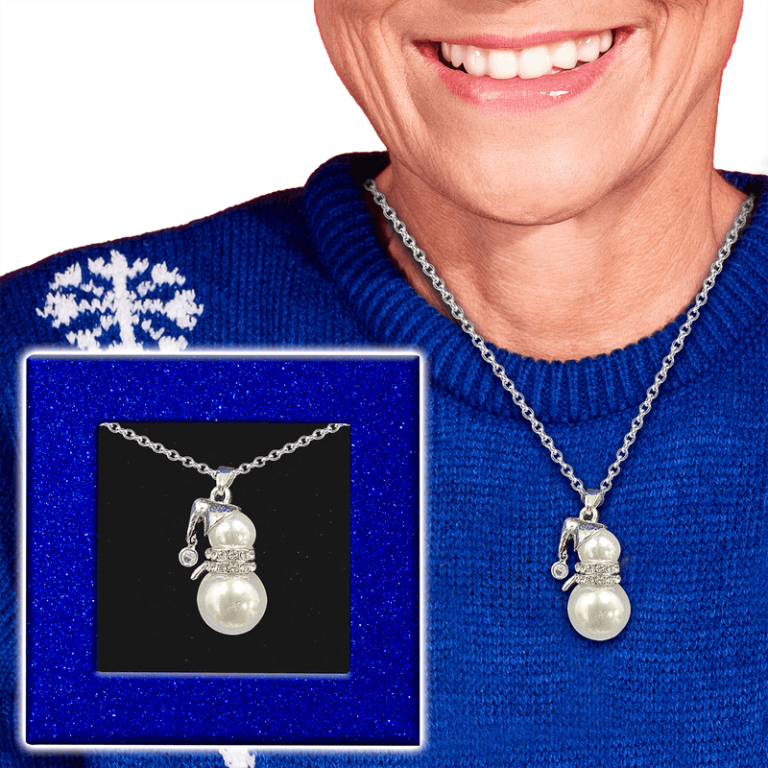 Shining silver snowman pendant with pearl-like body and gemstones, shown on blue snowflake sweater—perfect for holiday fundraising.