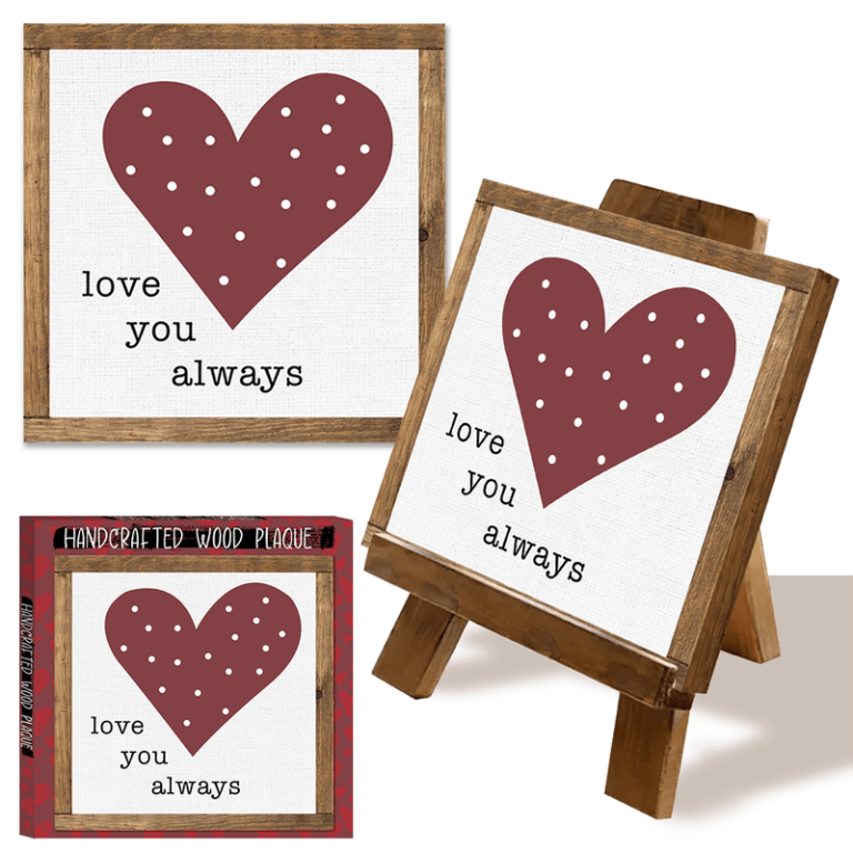 Charming square wood plaques featuring a red polka-dotted heart and "love you always," displayed on an easel—perfect for fundraisers.