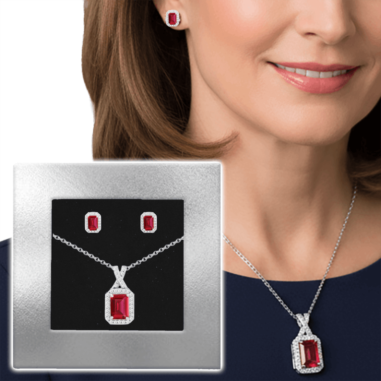 Elegant matching jewelry set: rectangular red gemstone pendant necklace and coordinating stud earrings, perfect for fundraising gifts.