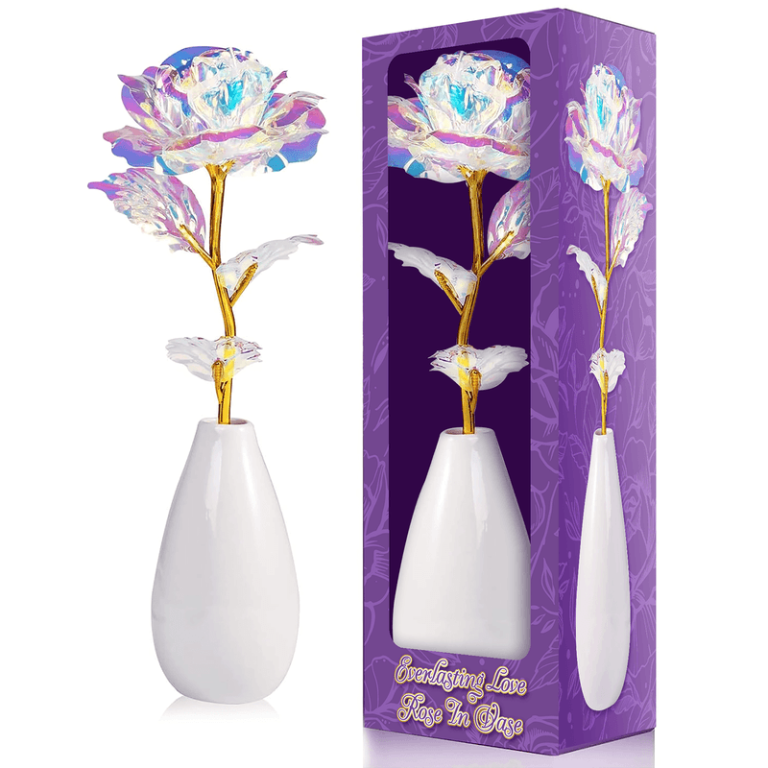 Elegant multicolored rose with gold stem in white vase, beside gift box—perfect for boosting your holiday fundraiser sales.