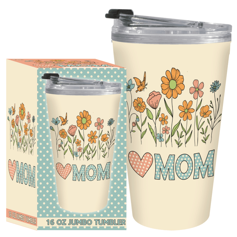 16 oz tumbler and gift box with “Mom,” heart, and bright floral design; both feature matching artwork, tumbler includes secure lid.